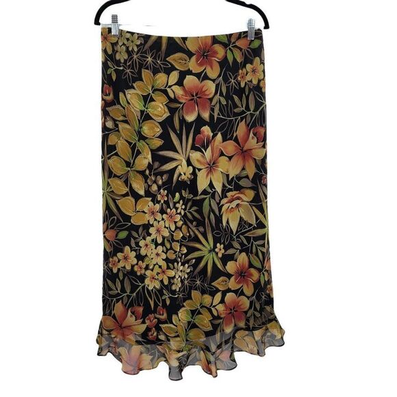Vtg Skirt Botanical Tropical Floral High Low Ruffle Hem Trumpet Midi Black Sz L - Picture 9 of 9